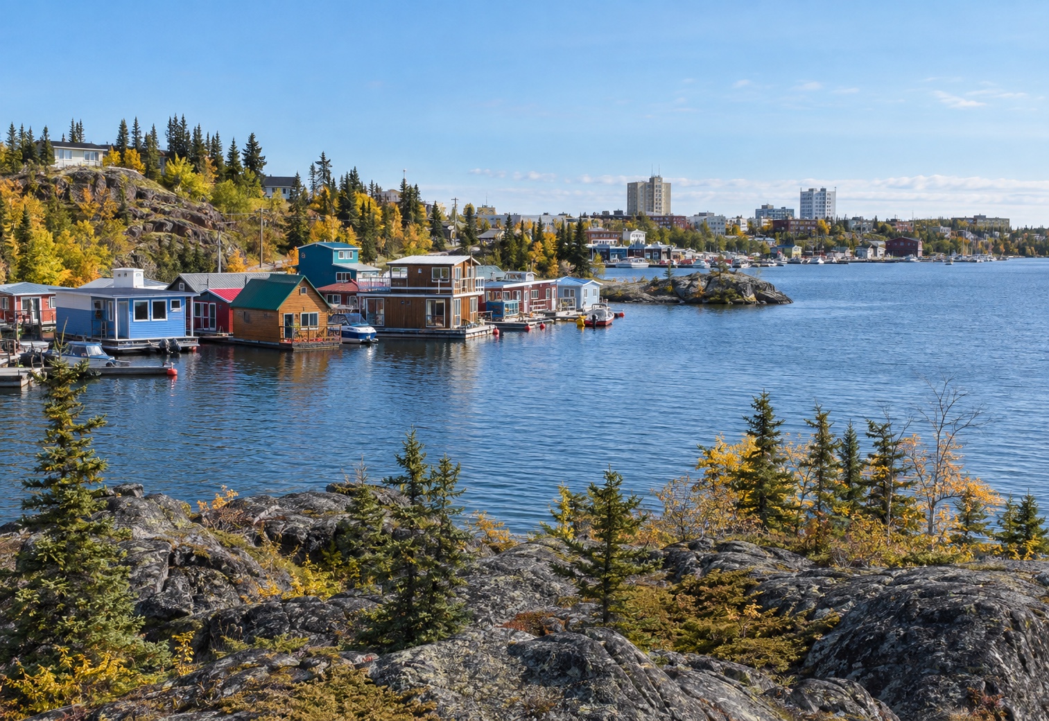 Colourful houseboats on Great Slave Lake near Yellowknife, Northwest Territories