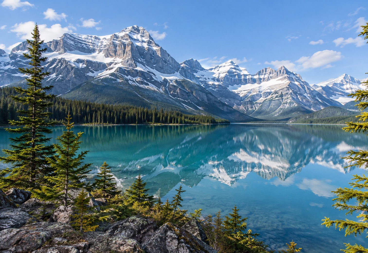 Snow-capped Rocky Mountain peaks reflected in a glacial lake in Jasper National Park