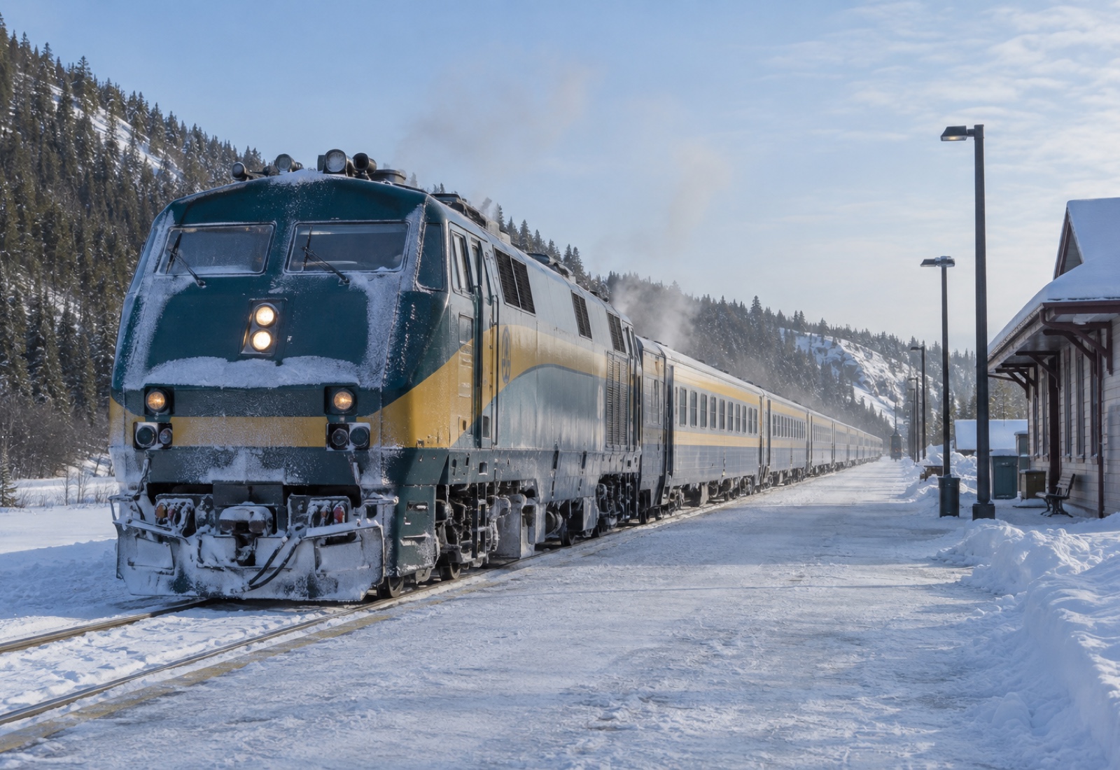 A VIA Rail train at a snow-covered northern station platform in winter