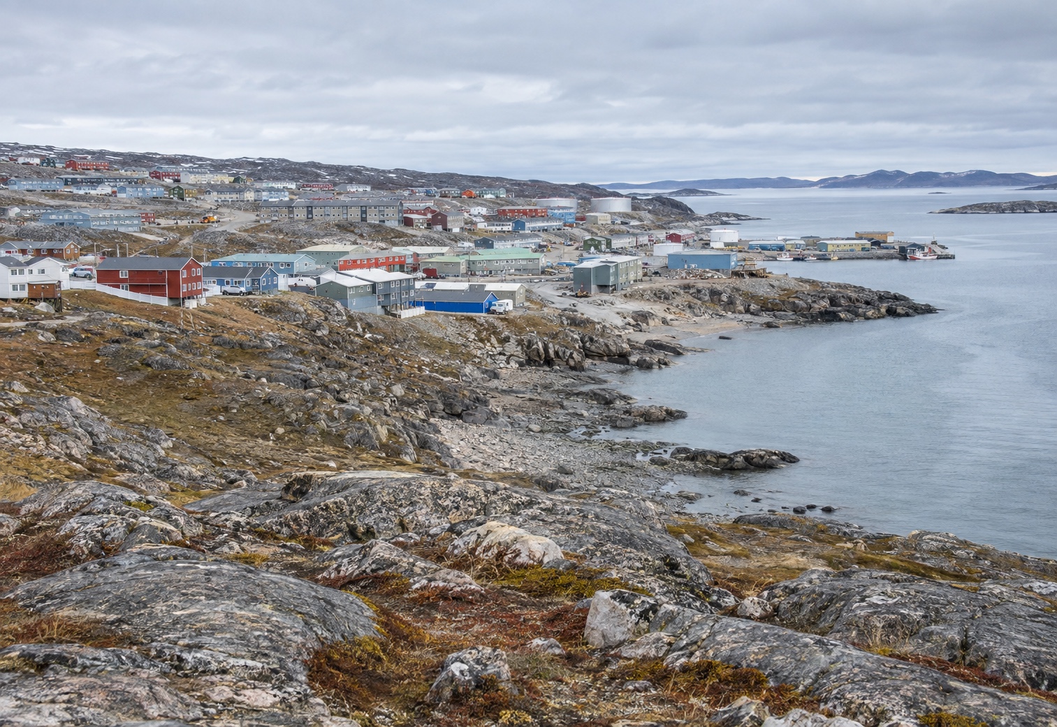 Colourful Arctic town buildings above Frobisher Bay in Iqaluit, Nunavut