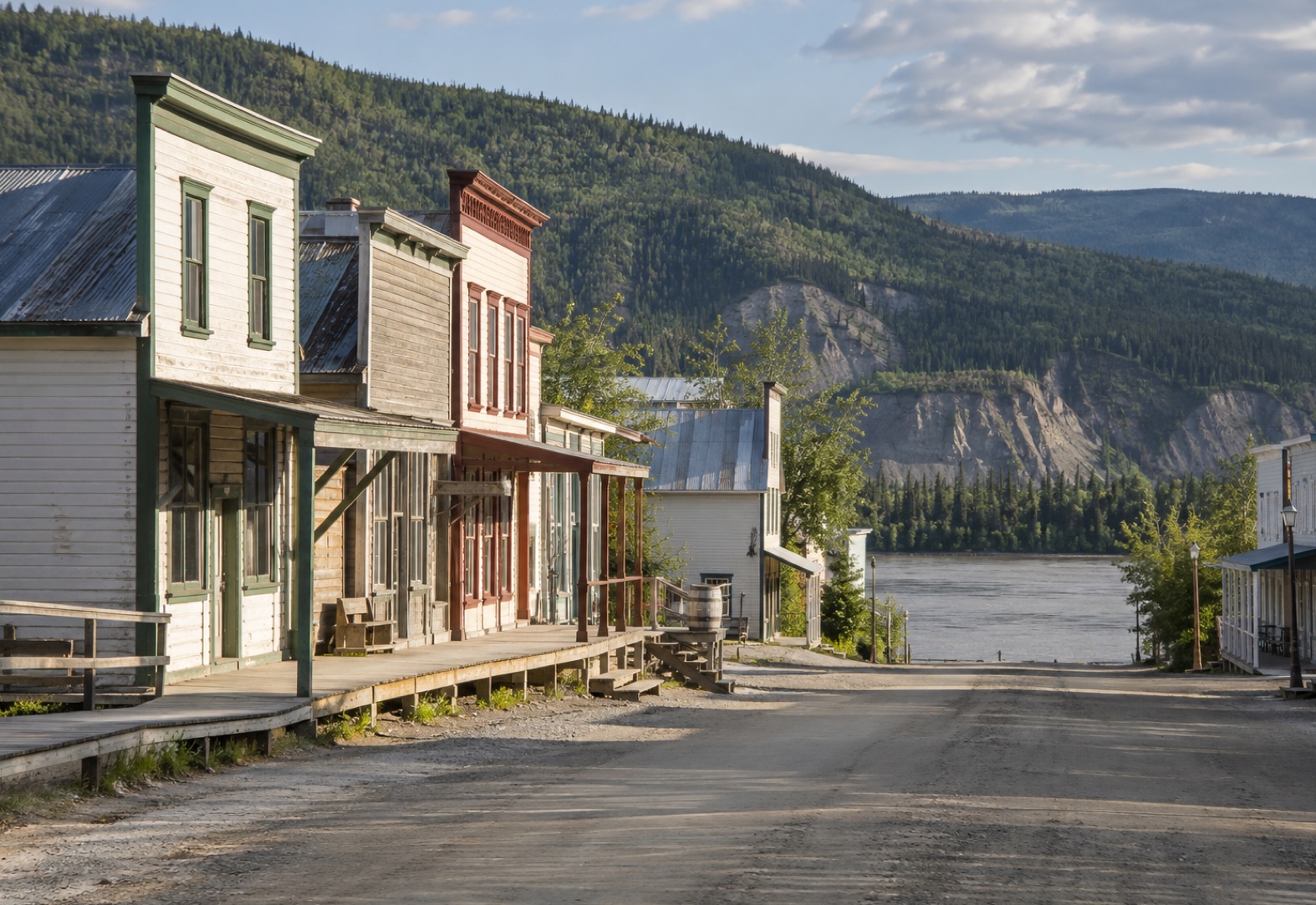 Historic gold-rush-era wooden buildings in Dawson City, Yukon
